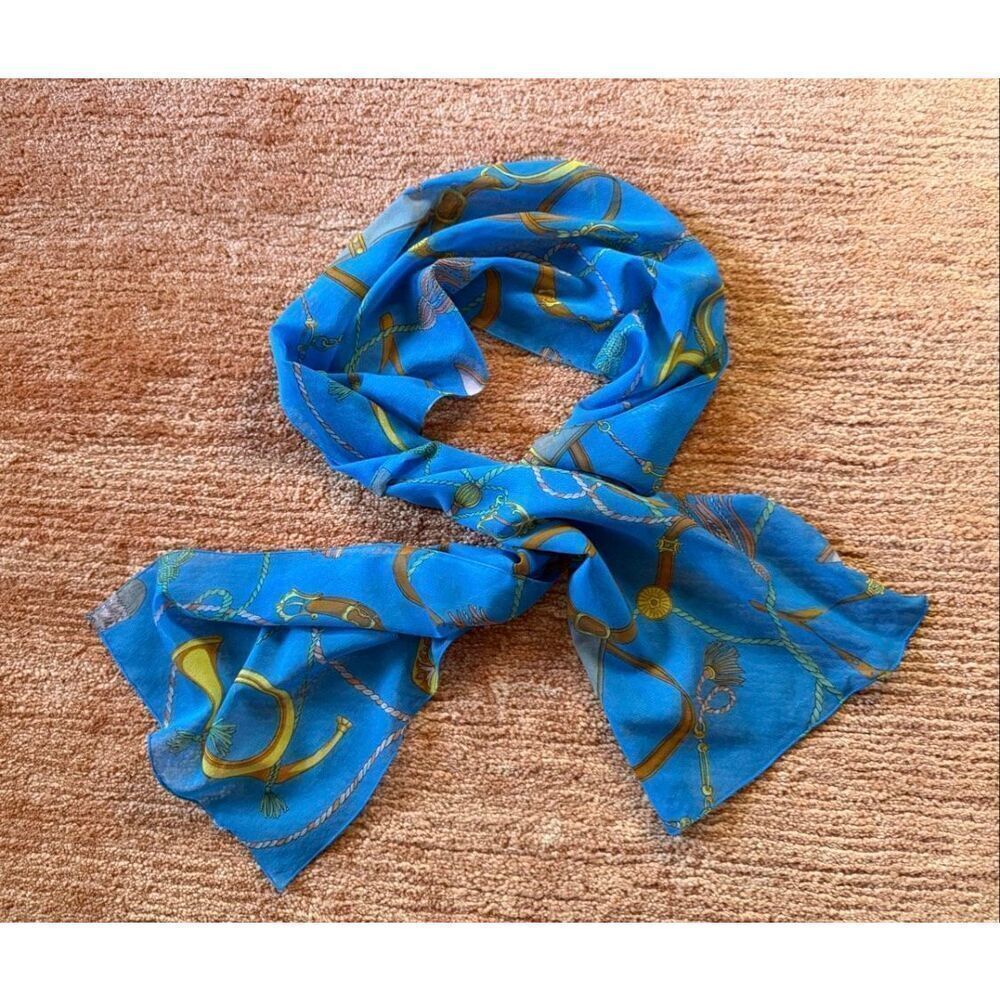 Blue Silk Equestrian Print Scarf Horses Harness Bridle Pattern